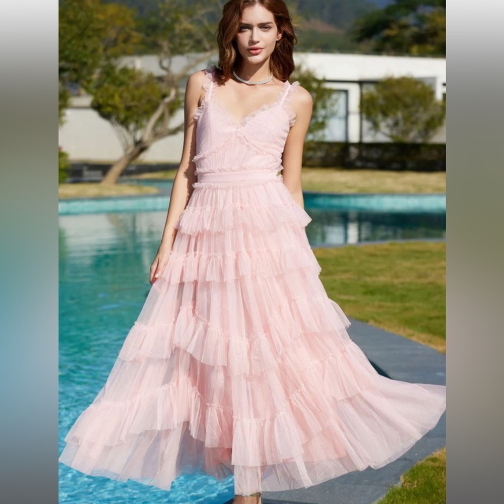 FRENCH STYLE RUFFLE V NECK SLEEVELESS TIERED TULLE EVENING MAXI DRESS - PINK